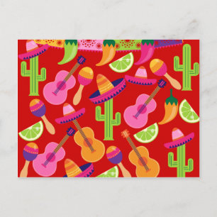 Fiesta Party Sombrero Limes Guitar Maraca Saguaro Postcard