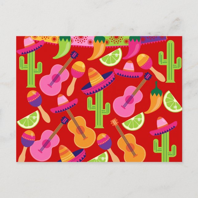 Fiesta Party Sombrero Limes Guitar Maraca Saguaro Postcard (Front)