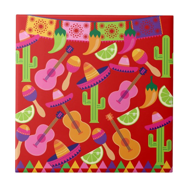 Fiesta Party Sombrero Limes Guitar Maraca Saguaro Tile (Front)