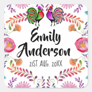FIESTA Partyware Personalised Folk Art Flowers Square Sticker