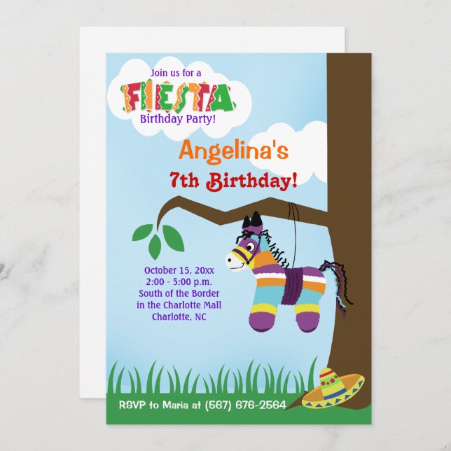 Fiesta Pinata Cinco de Mayo Birthday Invitations (Front/Back)