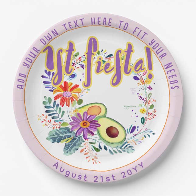 FIESTA Pink Avocado Folkart Flowers Custom Paper Plate (Front)