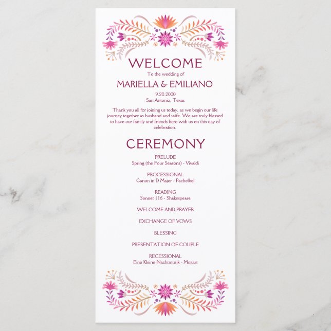 Fiesta Pink Wedding Program Menu (Front)
