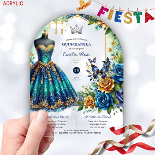 Fiesta Quinceanera Floral Butterflies Blue Gold Acrylic Invitations