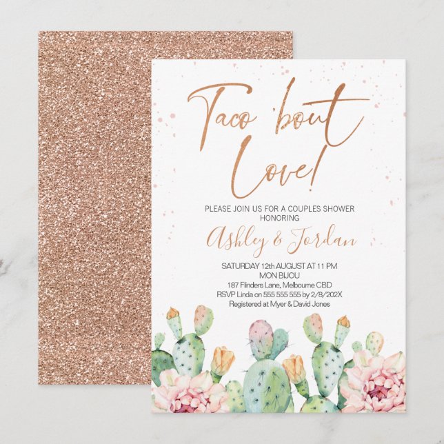 Fiesta Rose Gold Taco ''bout Love Couples Shower Invitation (Front/Back)