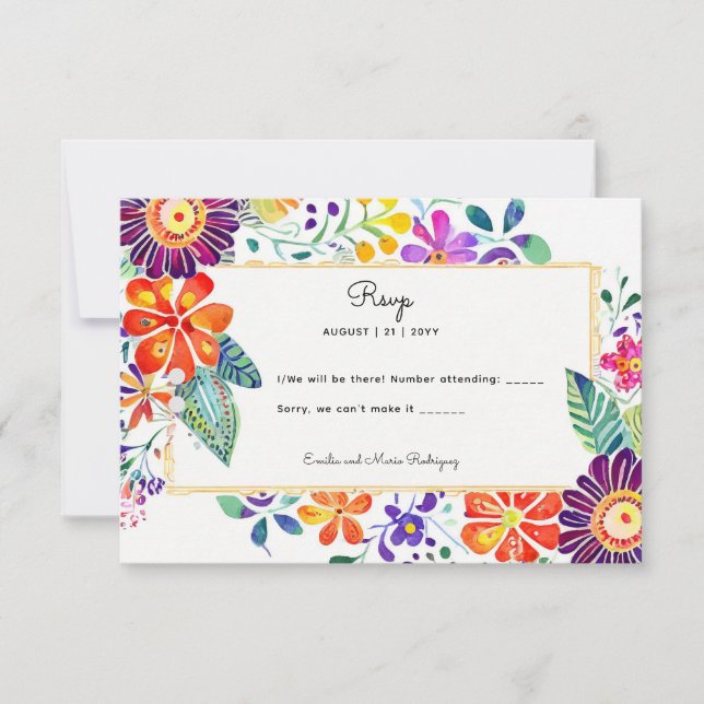 FIESTA RSVP with QR Code Folkart Flowers Card (Front)