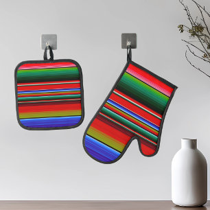 Fiesta Serape Mexican Stripe Pattern Blanket Oven Mitt & Pot Holder Set