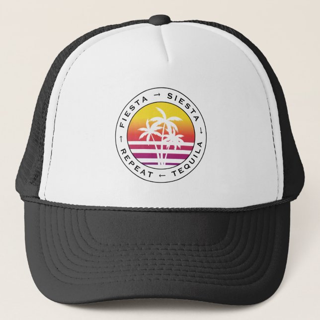 Fiesta Siesta Tequila Repeat Bachelorette Party Trucker Hat (Front)