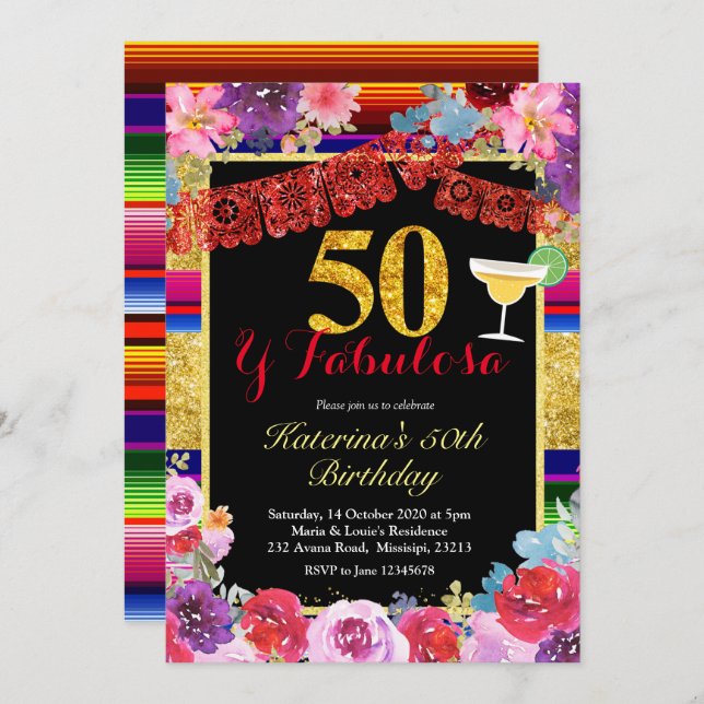 Fiesta Spanish 50 and Fabulous Birthday Invitation (Front/Back)