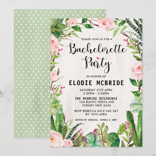Fiesta Succulent Pink Floral Bachelorette Invite (Front/Back)