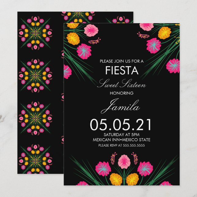 Fiesta Sweet 16 Mexican Drawn Floral Butterflies Invitation (Front/Back)