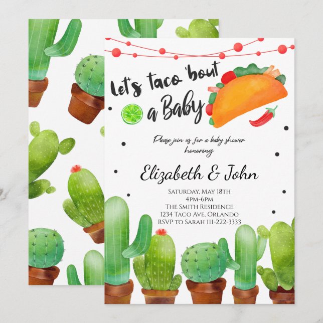 Fiesta Taco Bout Baby Watercolor Cactus Invite (Front/Back)