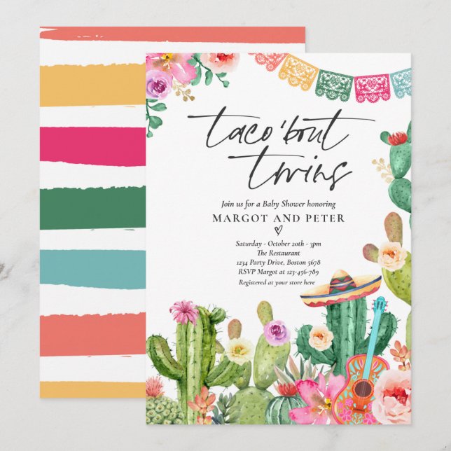Fiesta Taco 'Bout Twins Mexican Cactus Baby Shower Invitation (Front/Back)
