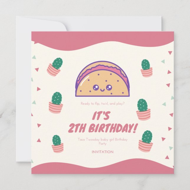 Fiesta Taco Twosday Cactus Girl 2nd Birthday Party Invitation (Front)