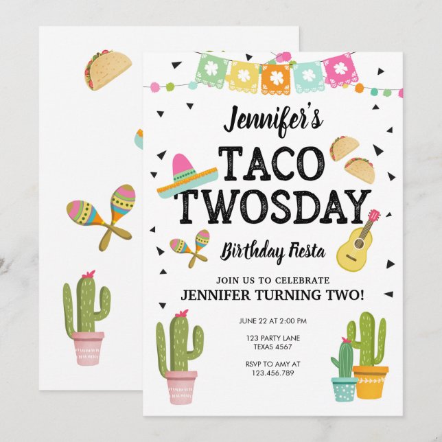 Fiesta Taco Twosday Cactus Girl 2nd Birthday Party Invitation (Front/Back)