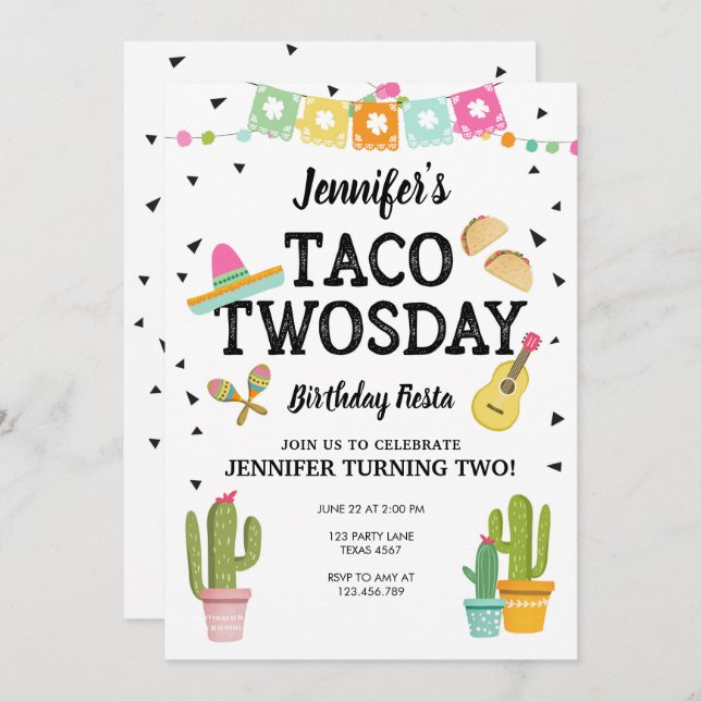 Fiesta Taco Twosday Cactus Girl 2nd Birthday Party Invitation (Front/Back)