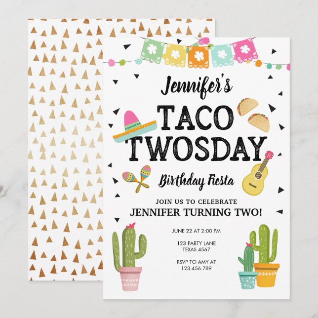 Fiesta Taco Twosday Cactus Girl 2nd Birthday Party Invitation (Front/Back)