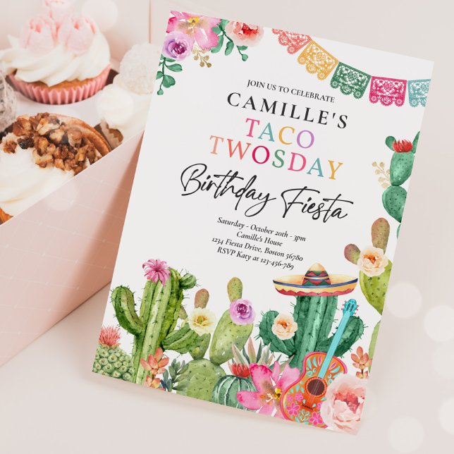 Fiesta Taco Twosday Watercolor Cactus 2nd Birthday Invitation (Creator Uploaded)
