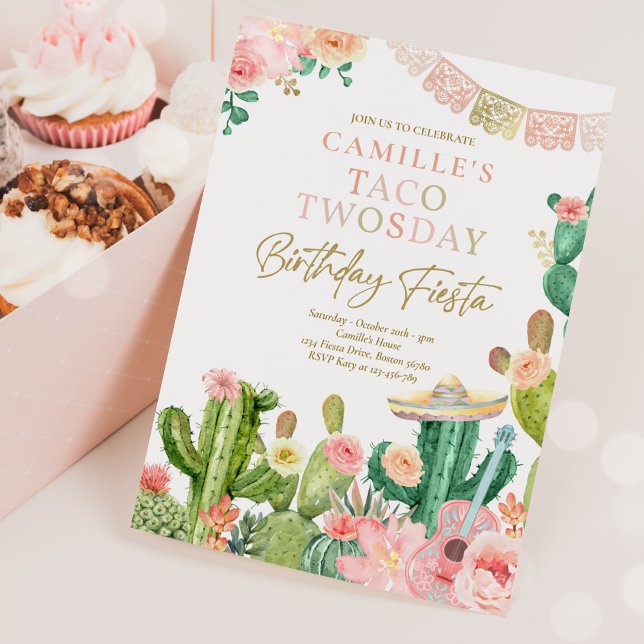 Fiesta Taco Twosday Watercolor Cactus 2nd Birthday Invitation (Creator Uploaded)