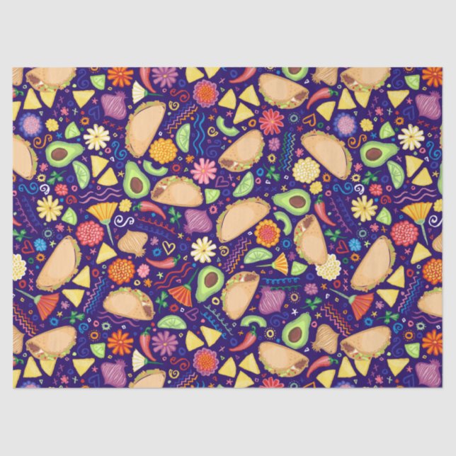 Fiesta Tacos on Blue Festive Mexican Food Tissue Paper (Front)
