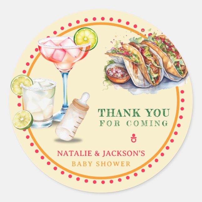 Fiesta Tacos Tequila Baby Shower Thank you Classic Round Sticker (Front)