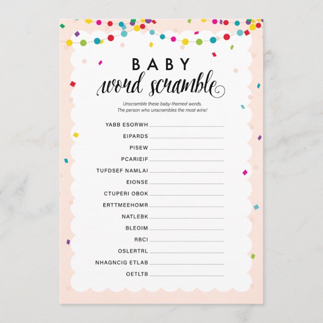 Fiesta theme baby word scramble baby shower game programme (Front)