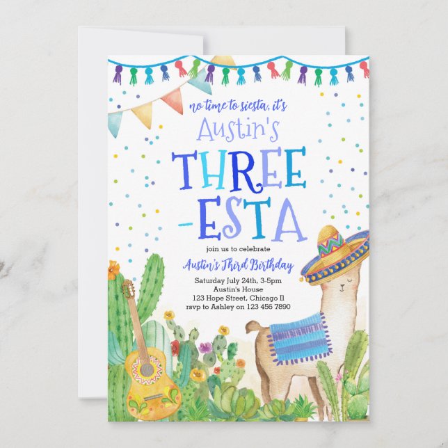 Fiesta Three Esta Boy Blue 3rd Birthday Invitation (Front)