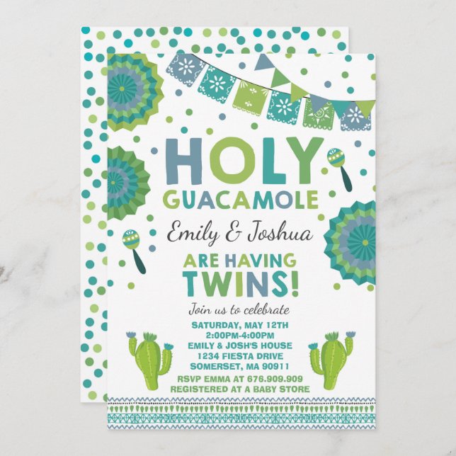 Fiesta Twin Baby Shower Invitation Holy Guacamole (Front/Back)