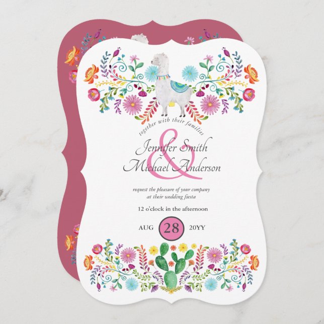 Fiesta Wedding Llama Folk Flowers Cacti Invitation (Front/Back)
