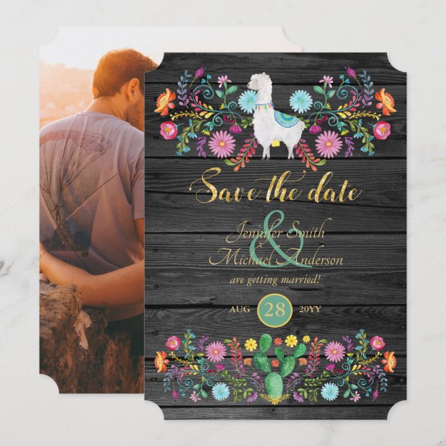 Fiesta Wedding Save The Date Llama Folk Flowers Invitation (Front/Back)