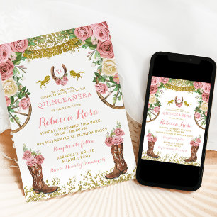 Fiesta Western Mexican Dusty Rose Gold Quinceañera Invitation