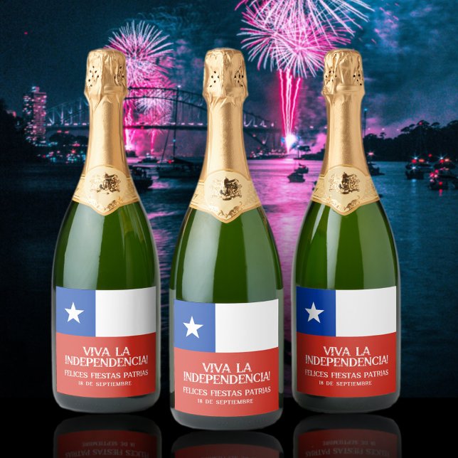 Fiestas Patrias Independence Day Chile Flag Sparkling Wine Label (Chile Independence Day (Fiestas Patrias) Sept 18 3 Champagne Bottle Labels Cover Photo.)