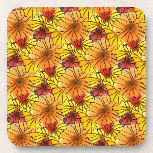 "Fiesty Floral #3 Tiled" Floral Coaster Set (Front)