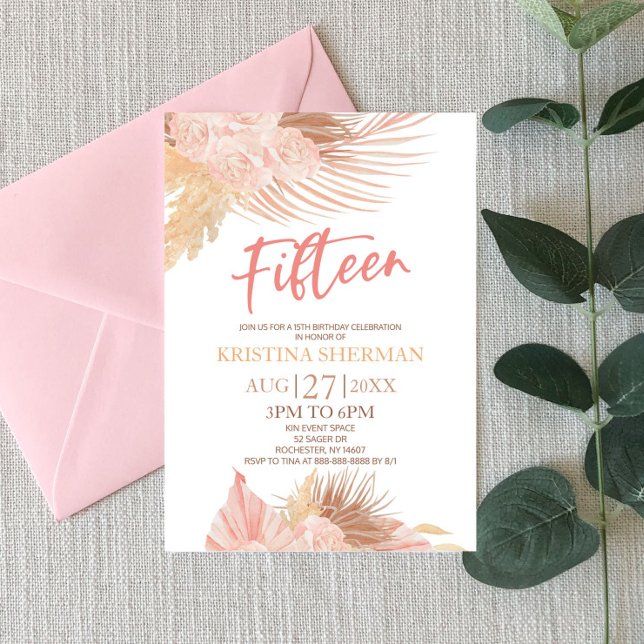 Fifteen Boho Pink Floral 15th Birthday Party Invitation (Creator Uploaded)