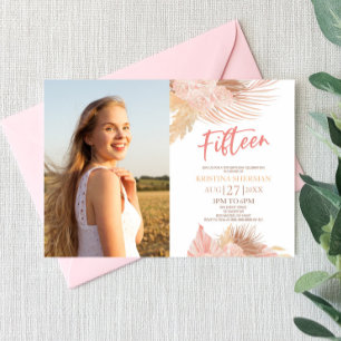 Fifteen Boho Pink Photo 15th Birthday Party Invitation