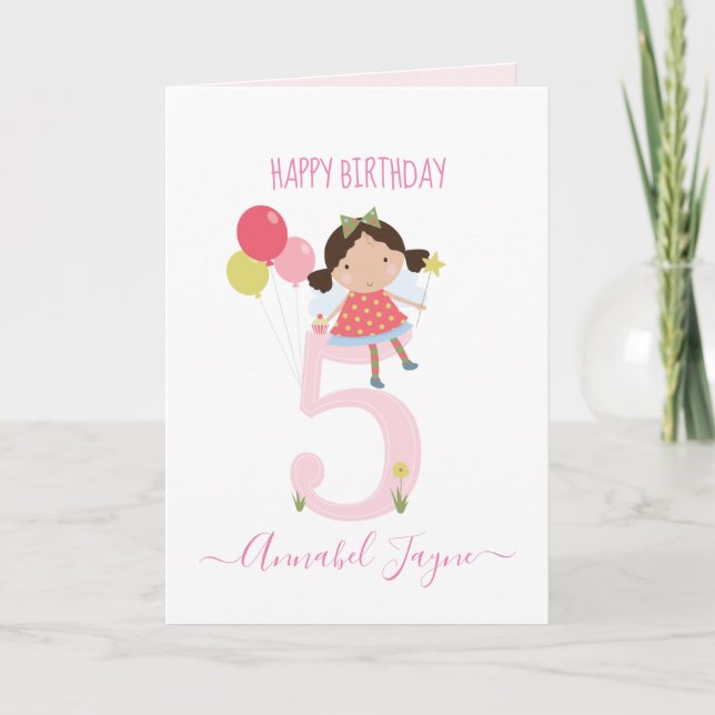Fifth birthday fairy, girls cute personalised  card (Front)