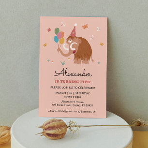 Fifth Birthday Hat Cartoon Cute Mammoth Balloons Invitation