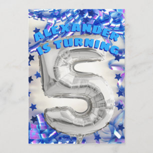 Fifth Birthday Silver and Blue Age 5 Boys Party Invitation