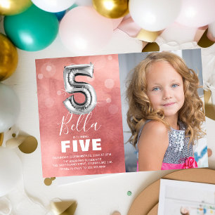 Fifth Birthday Silver Balloon   Pink Photo Party Invitation