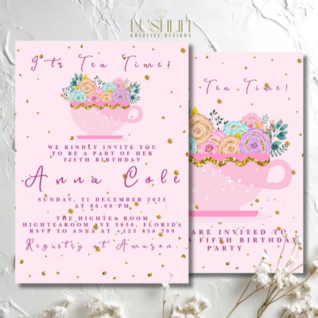 Fifth Birthday Tea Party Elegant & Sweet birthday Invitation (Creator Uploaded)