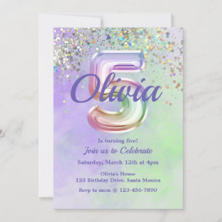 Fifth Birthday, Tie Dye, Five, Glitter Invitation