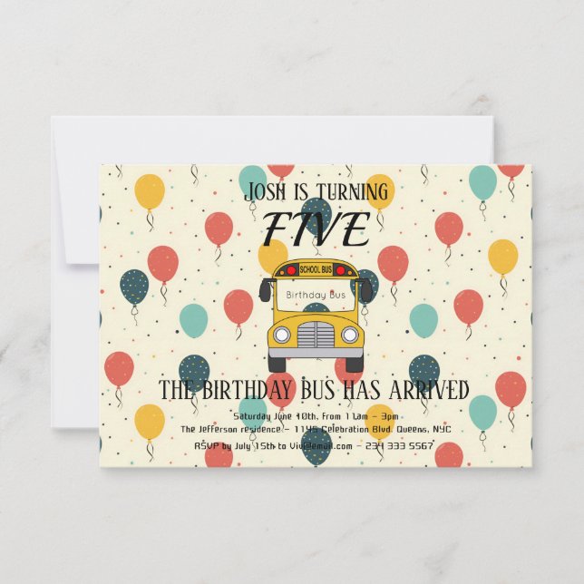 Fifth Birthday Yellow Bus, Balloons Invitation (Front)