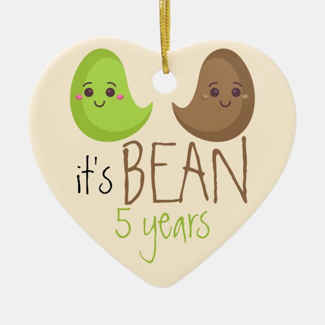 Fifth Funny Wedding Bean Five years couple Ceramic Tree Decoration (Front)