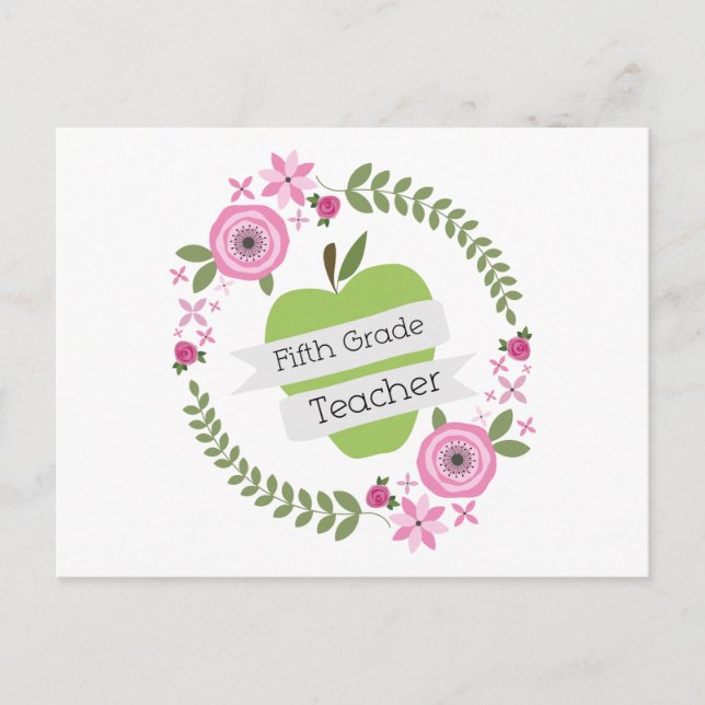 Fifth Grade Teacher Green Apple Floral Wreath Postcard (Front)
