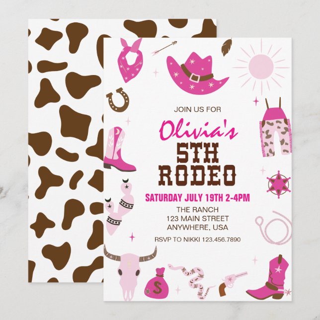 Fifth Rodeo Hot Pink Western 5th Birthday Invitation (Front/Back)