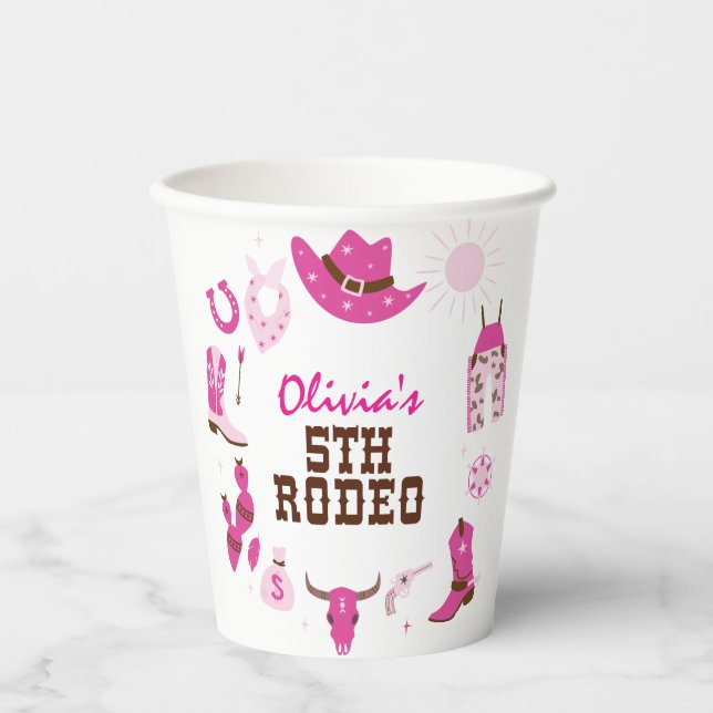 Fifth Rodeo Pink Western Cowboy 5th Birthday Paper Cups (Front)