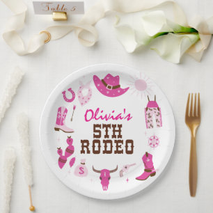 Fifth Rodeo Pink Western Cowboy 5th Birthday Paper Plate