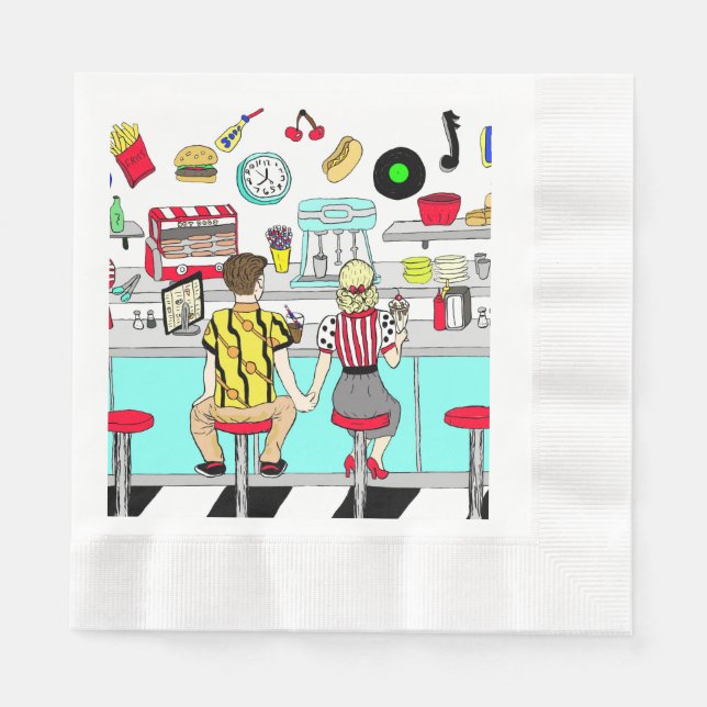 Fifties Diner Nostalgic Couple Holding Hands Napki Napkin (Front)