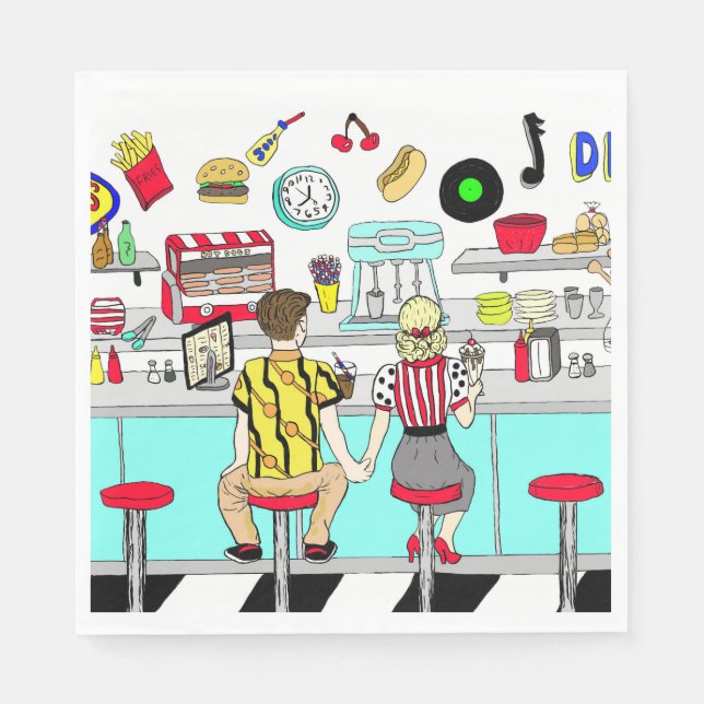 Fifties Diner Nostalgic Couple Holding Hands Napkin (Front)