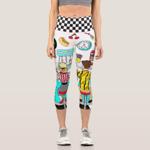 Fifties Graphics with Milkshakes, Hot dogs Retro Capri Leggings